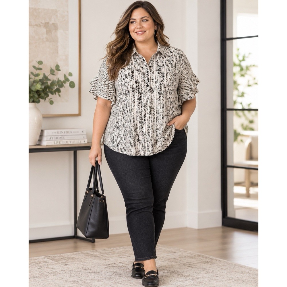 Lane Bryant Womens 22 Black White Abstract Blouse Ruffle Sleeve Button Front Top